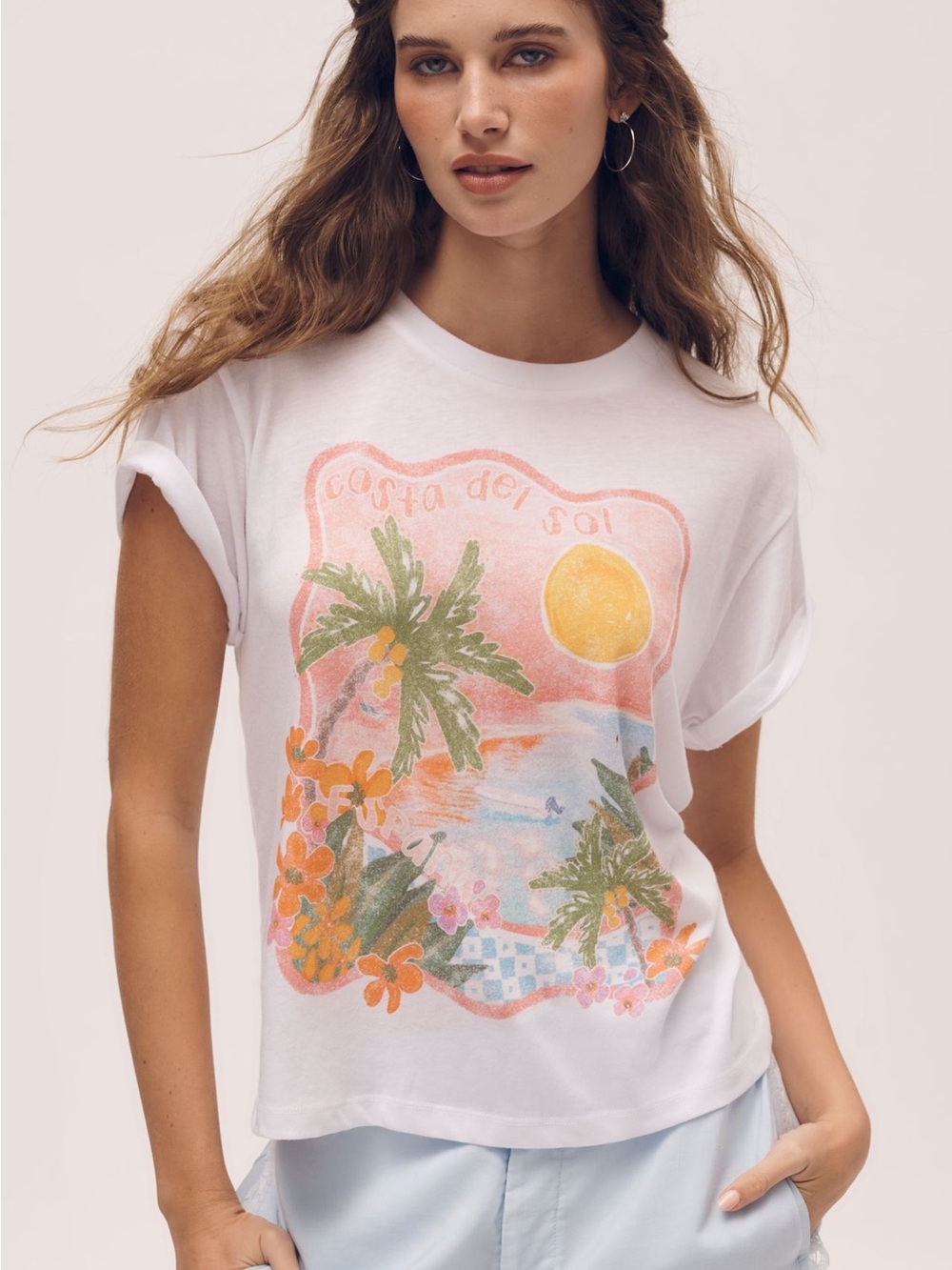 Chaser White Tropical Graphic Tee with Pink & Orange Accents